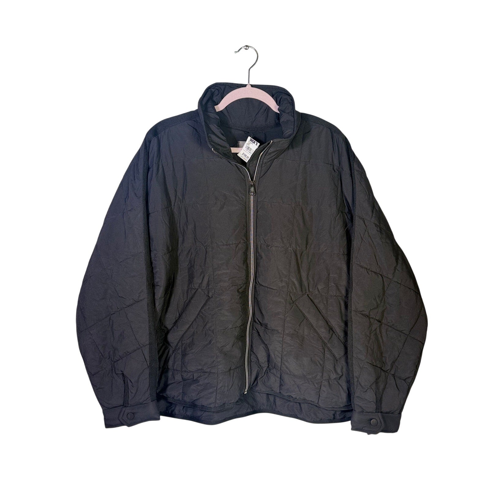 Black quilted Free People Movement women's full zip jacket, size large, with a stand collar and quilted pattern.