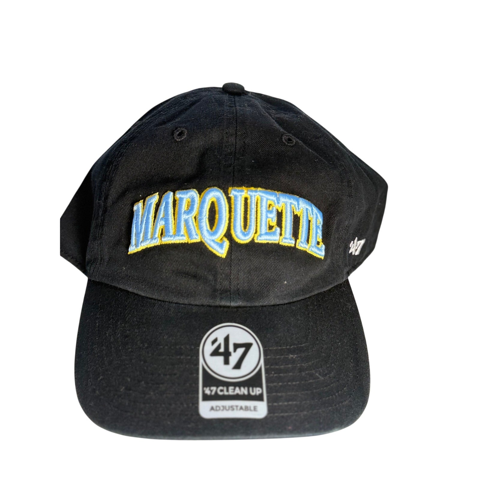 Black '47 Marquette Golden Eagles adjustable hat with curved brim and embroidered team logo, casual NCAA fan accessory