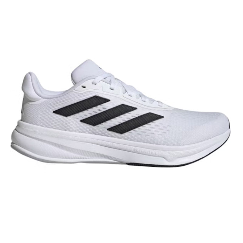Adidas Response Super women's running sneakers in white, black, and halo silver with cushioned design and athletic style.