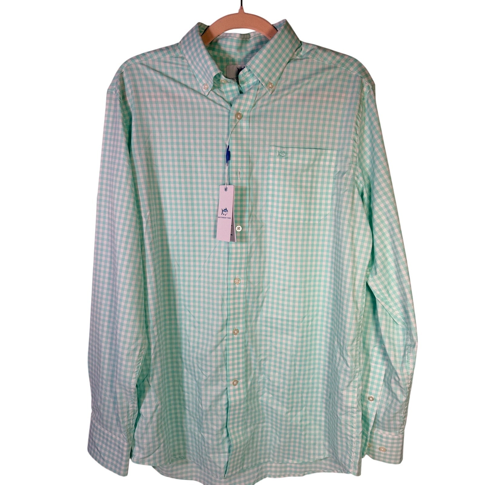 Southern Tide men's medium mint IC Hartwell Gingham casual sport shirt, new with tags, showing a collared button-up design.