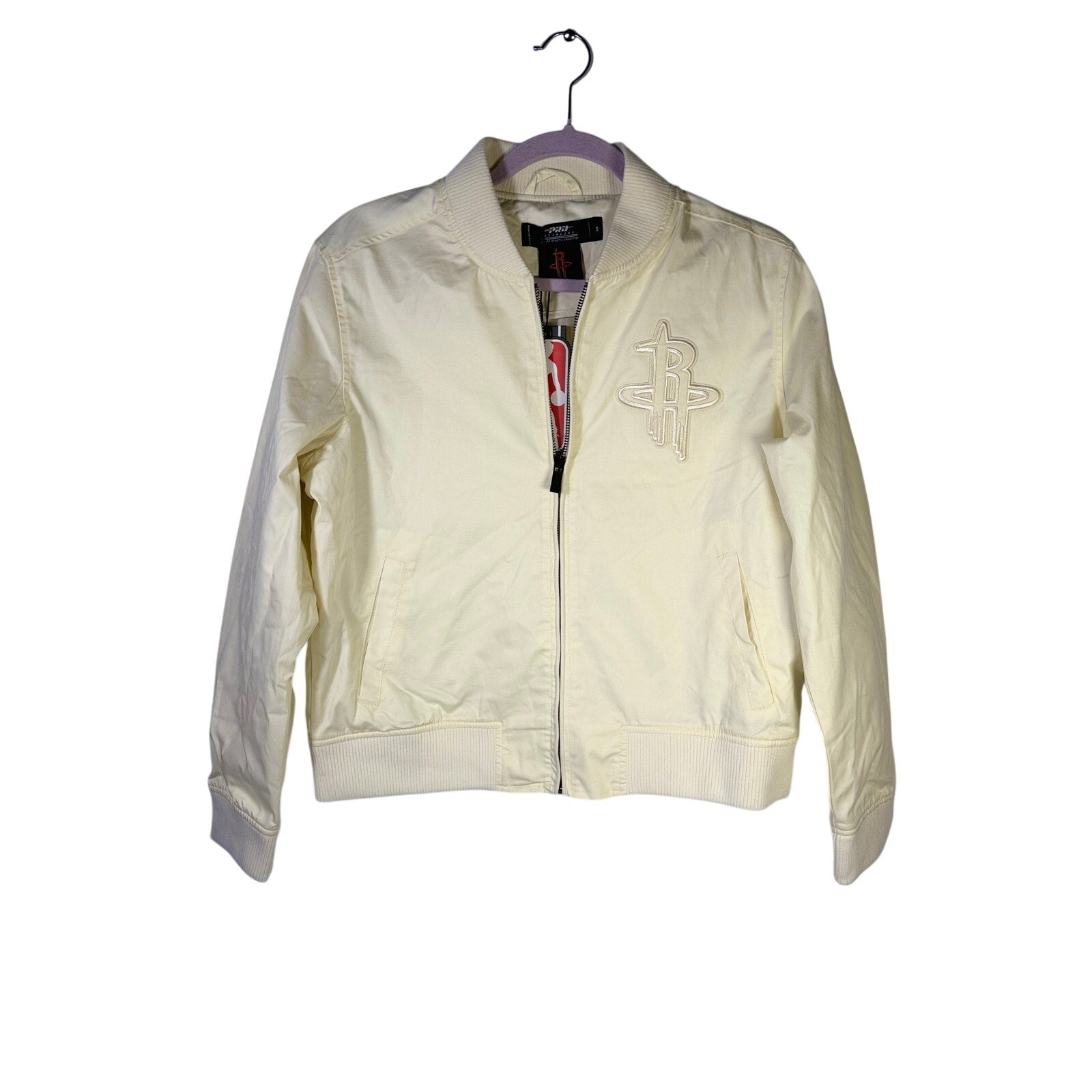 Pro Standard women’s Houston Rockets cream bomber jacket, size S, showing front view with ribbed cuffs and collar.