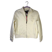 Pro Standard women’s Houston Rockets cream bomber jacket, size S, showing front view with ribbed cuffs and collar.