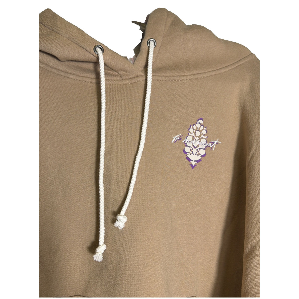 Women's Free People FP Movement Graphic Hoodie in sand color, showing front view with graphic design and hood details.