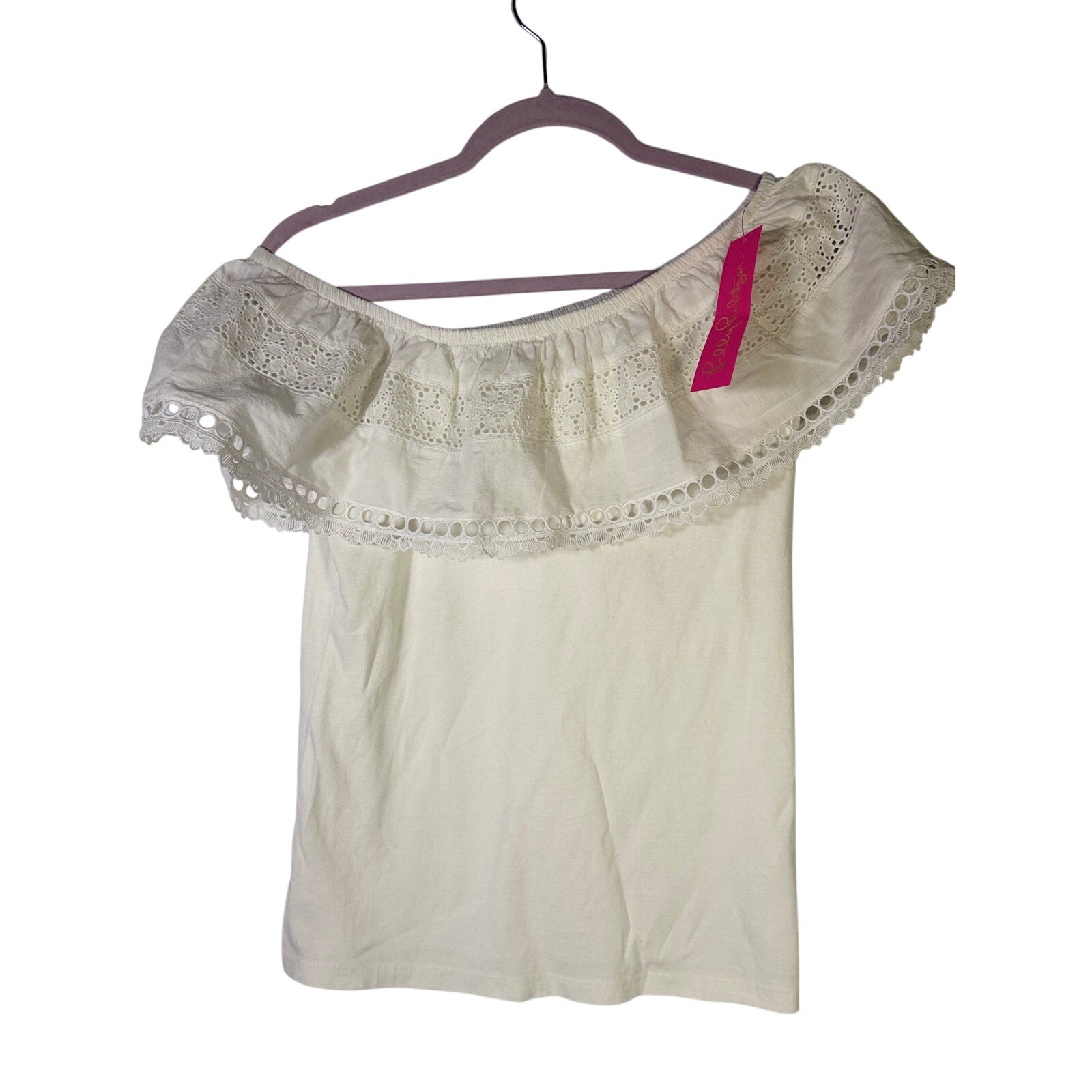 White Lilly Pulitzer Tracee off-shoulder eyelet top for women, small size, featuring ruffled neckline and eyelet fabric details.