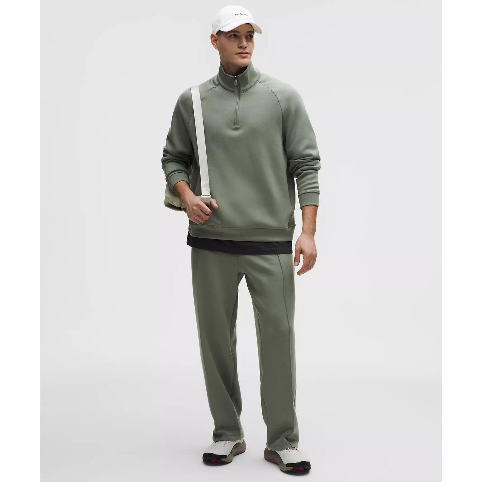Men's green Lululemon Smooth Spacer quarter zip sweatshirt in XXL, featuring a soft fabric and a high collar.