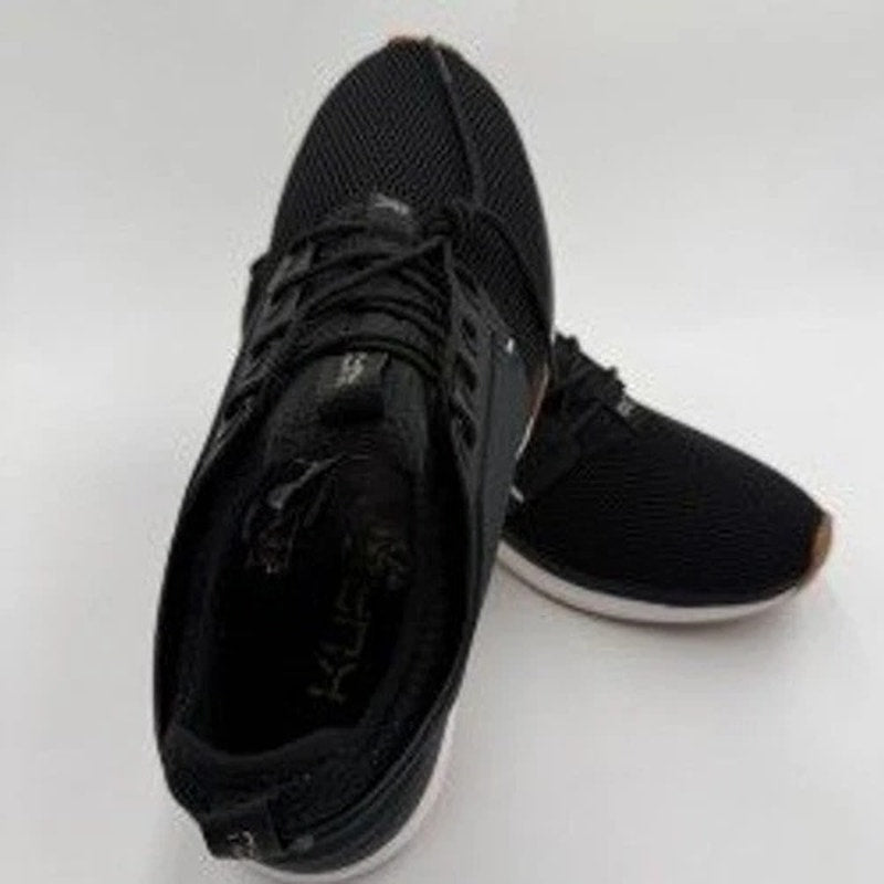 KURU ATOM Women's 12 Medium Jet Black White Gum supportive walking sneakers showing black and white design with gum soles.