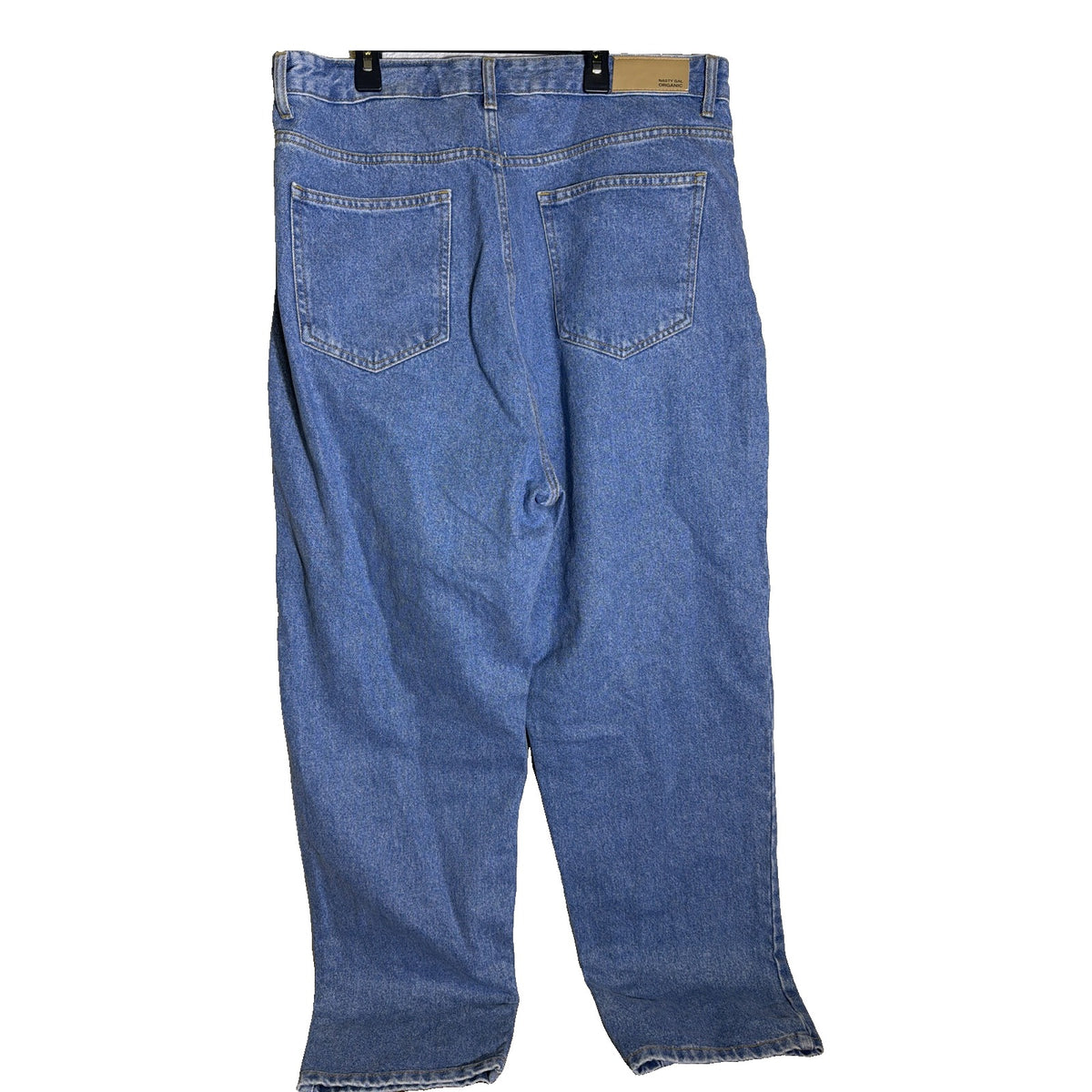 Light blue Nasty Gal organic denim mom jeans in plus size 14, showing relaxed fit and classic high-rise style.