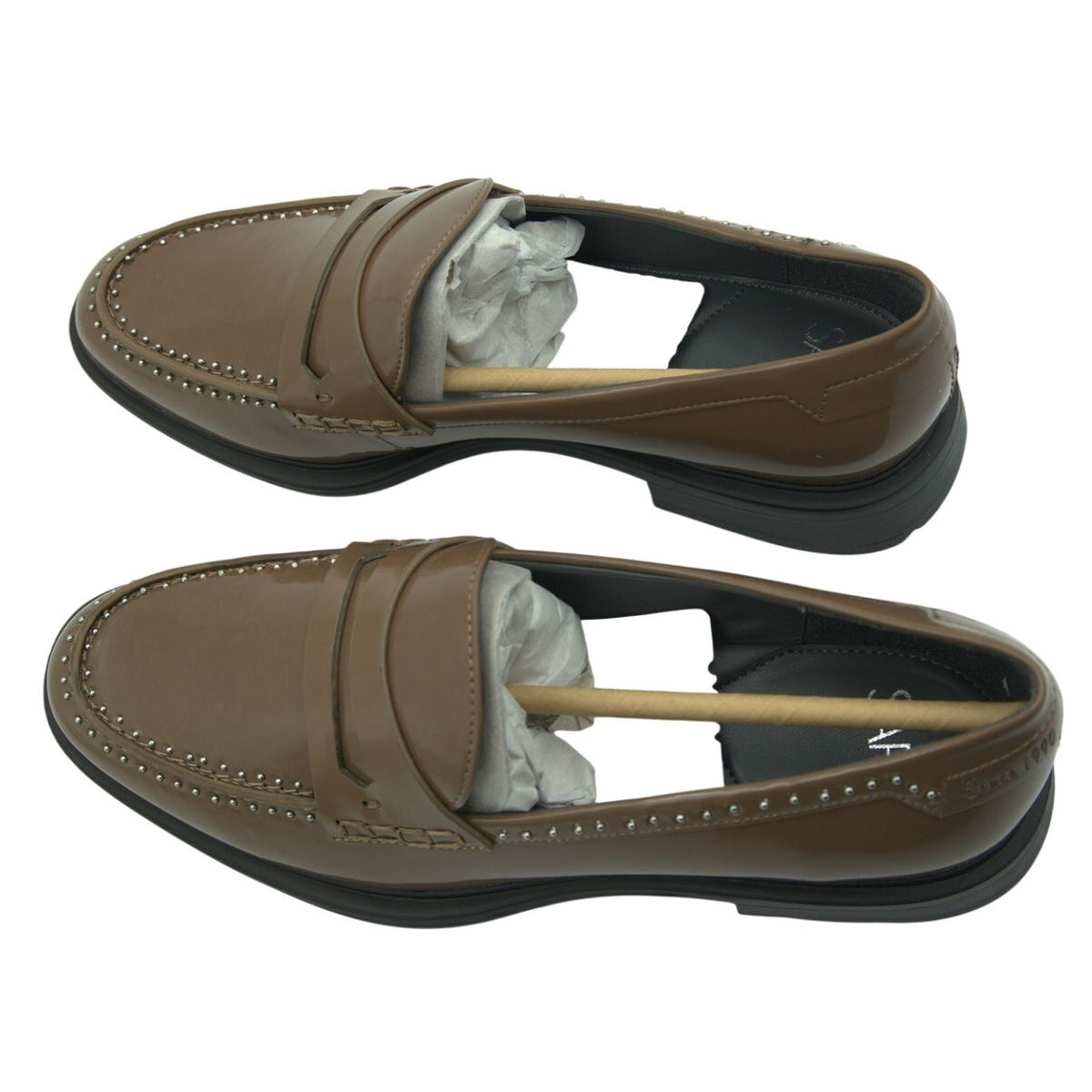 Brown Franco Sarto A-Eden studded flats for women, size 9M, featuring a sleek design and studded detailing.