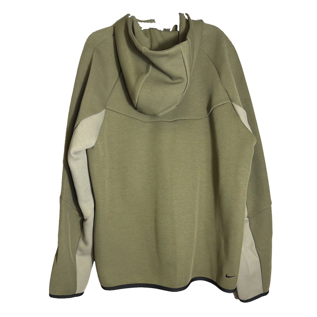Nike Tech Fleece Windrunner full zip hoodie in olive, men's size L, shown in a front view with Nike branding and fleece texture.
