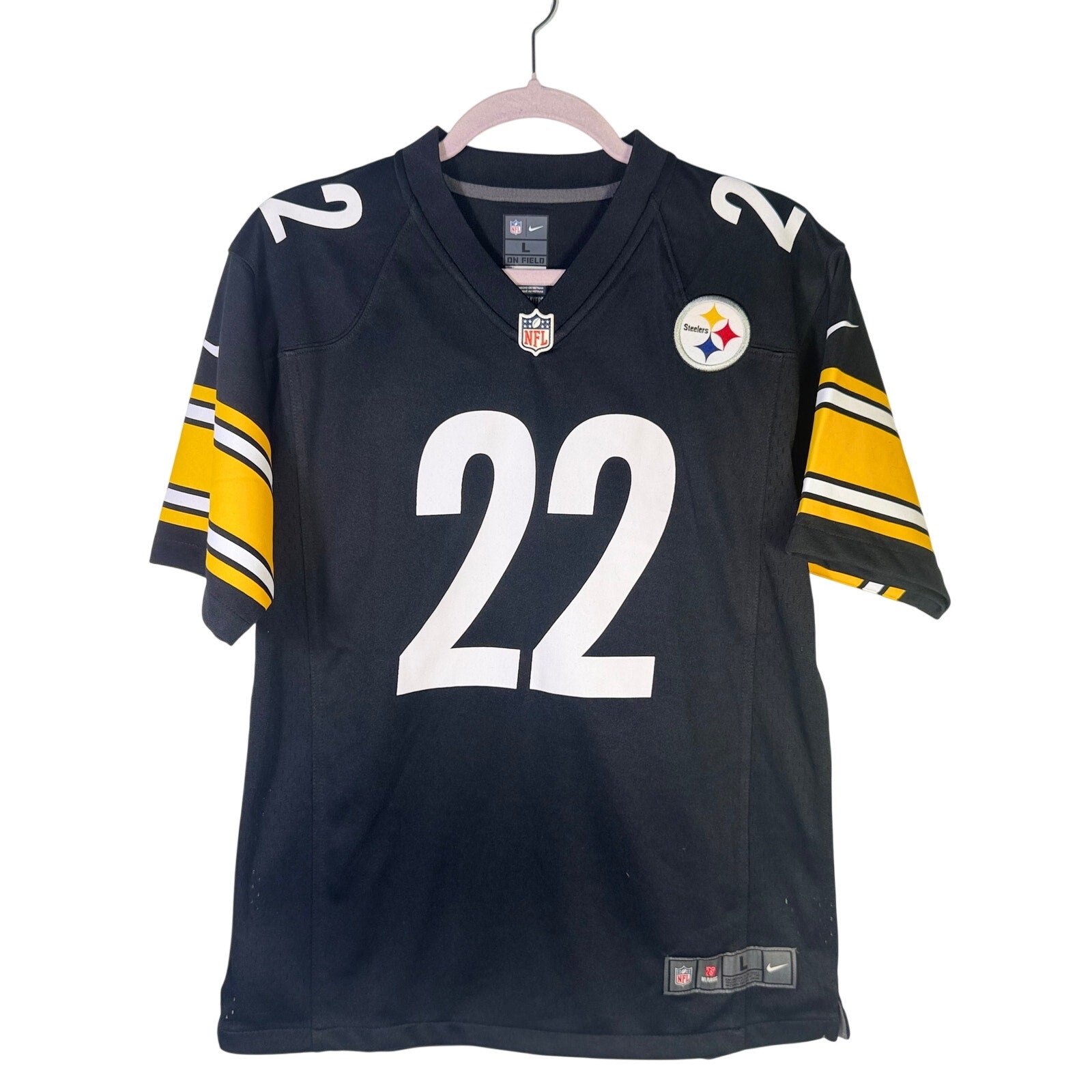 Nike Pittsburgh Steelers youth NFL game jersey #22 in black, size L (14/16), featuring team logo and player number.