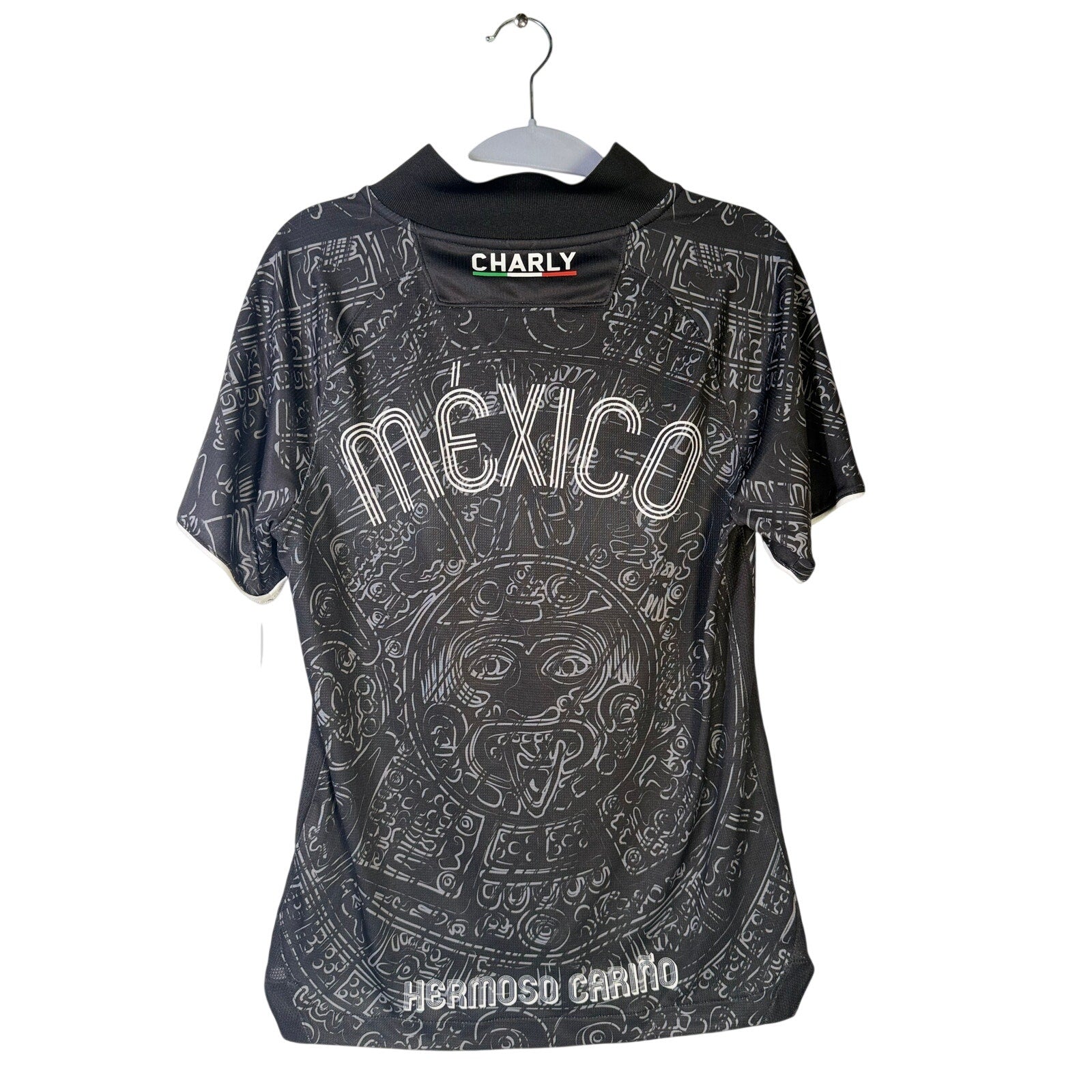 Men's black Charly Mexico Heritage SS soccer jersey with Aztec print in XS size, featuring a stylish and breathable design.