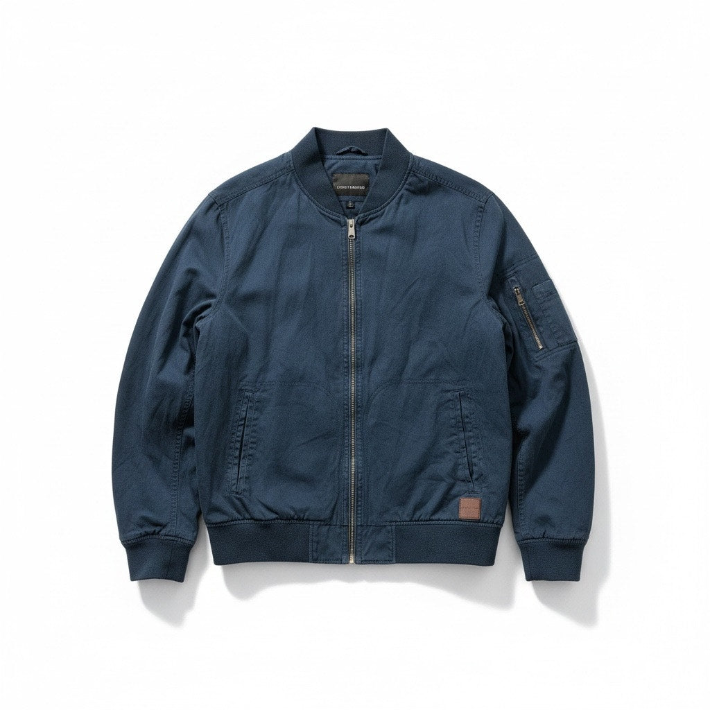 Navy blue Lucky Brand men's zip-up top, size large, casual T-shirt with front zipper and long sleeves, displayed on a hanger.
