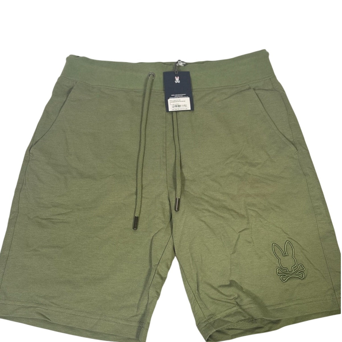 Psycho Bunny men's green Levanto embroidered French terry shorts, size small, showing front view with logo details.