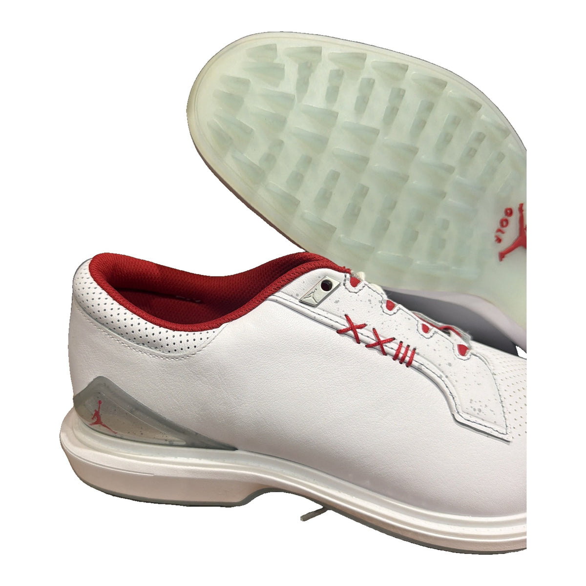 Nike Jordan ADG 4 golf shoes in white and gym red for men, size 11, new without box, featuring sporty design and Nike Jordan branding.