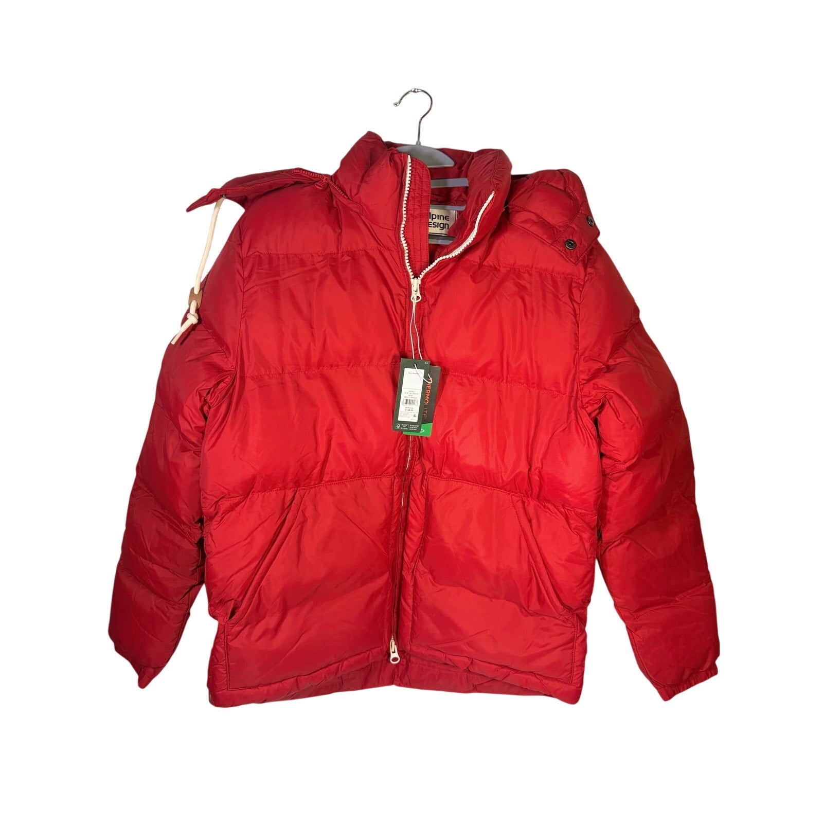 Alpine Design men's HyperDRY puffer jacket in red, size small, hooded and insulated, new with tags.