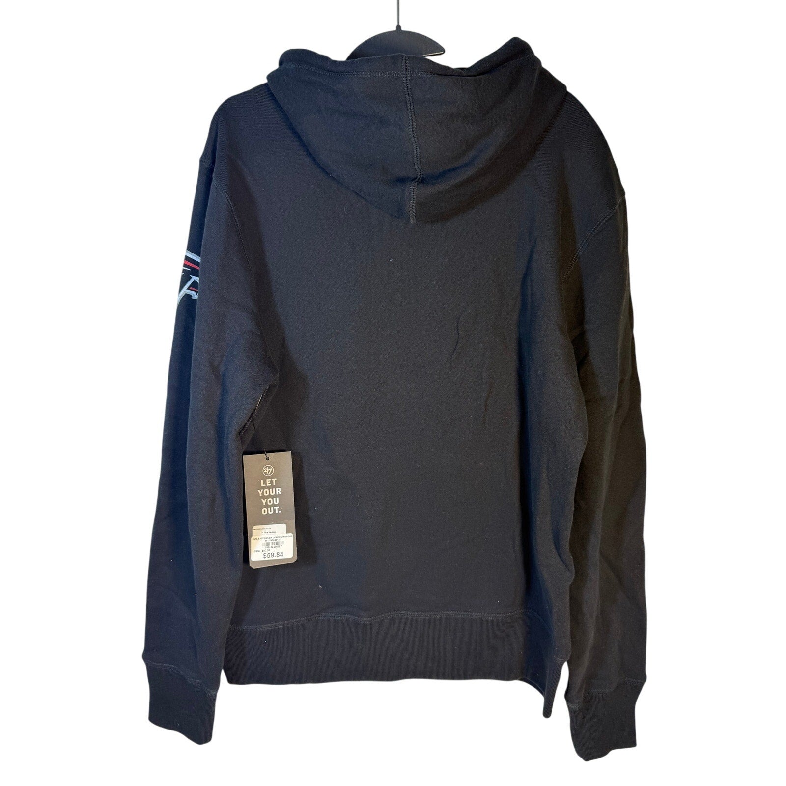 Black men's 47 Brand Atlanta Falcons hoodie, pullover style with NFL logo, fleece fabric, hood, and small size.