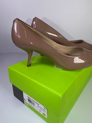 Sam Edelman Bianka patent kitten heel pumps in taupe, US size 7, with smooth shiny surface and classic heel design.