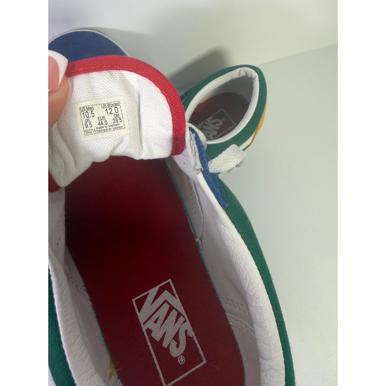 VANS Old Skool colorblock sneakers in green, blue, and white with black accents, men's size 10.5, women's size 12, casual footwear