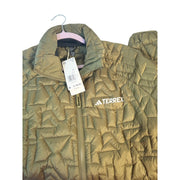 Men's Adidas Terrex insulated puffer jacket in olive green, displayed on a hanger with a high collar and quilted design.