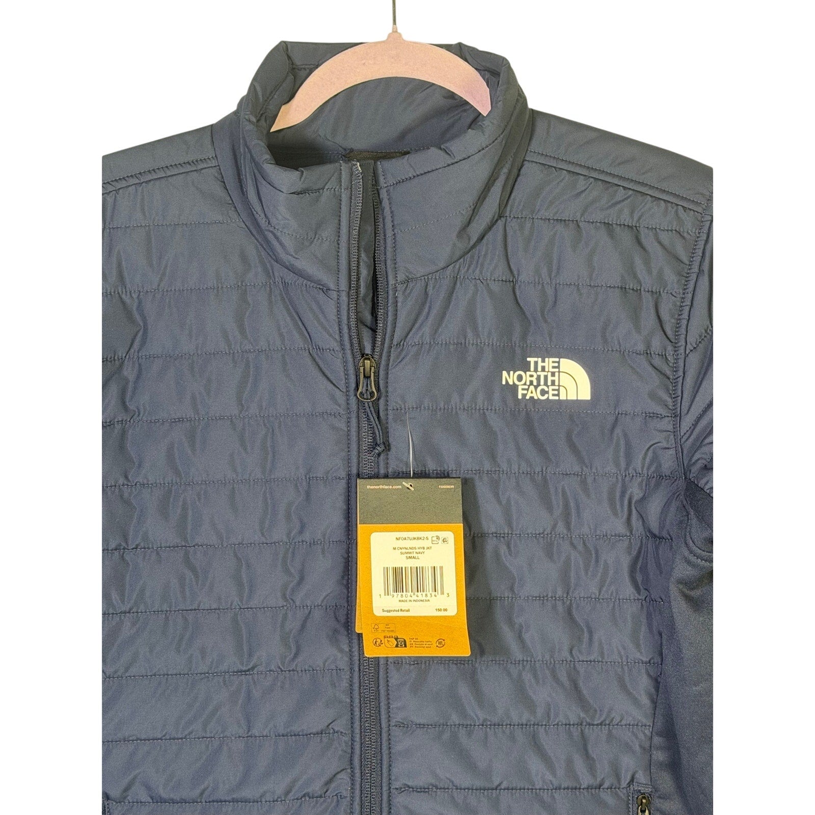 The North Face Canyonlands Hybrid Jacket in Summit Navy, men's size small, shown with front view and zip closure.
