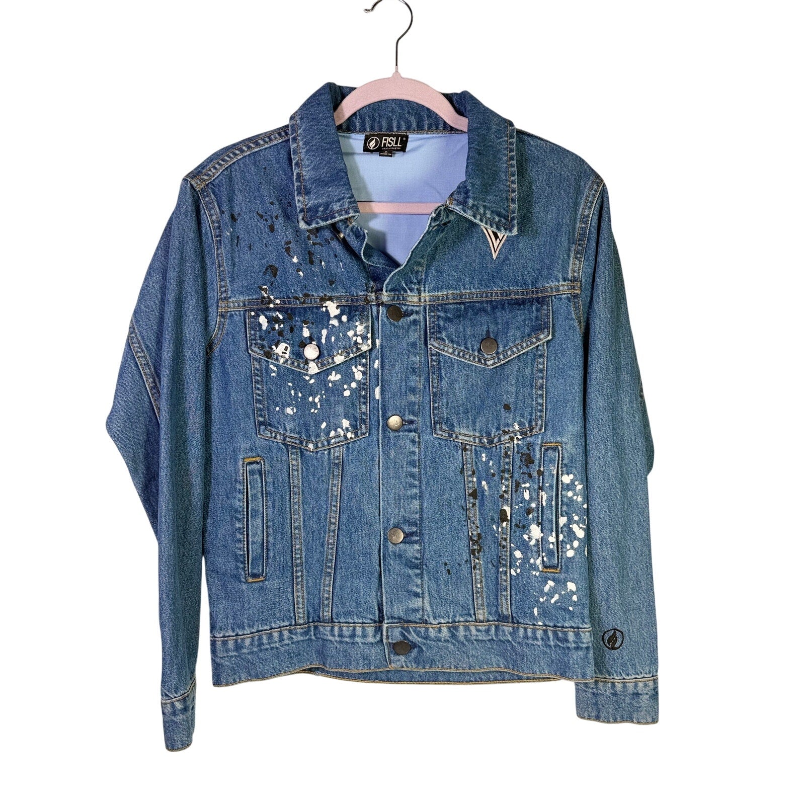 FISLL Las Vegas Aces A’ja Wilson #22 blue denim jacket, size small, shown on a hanger with visible front design and stitching.