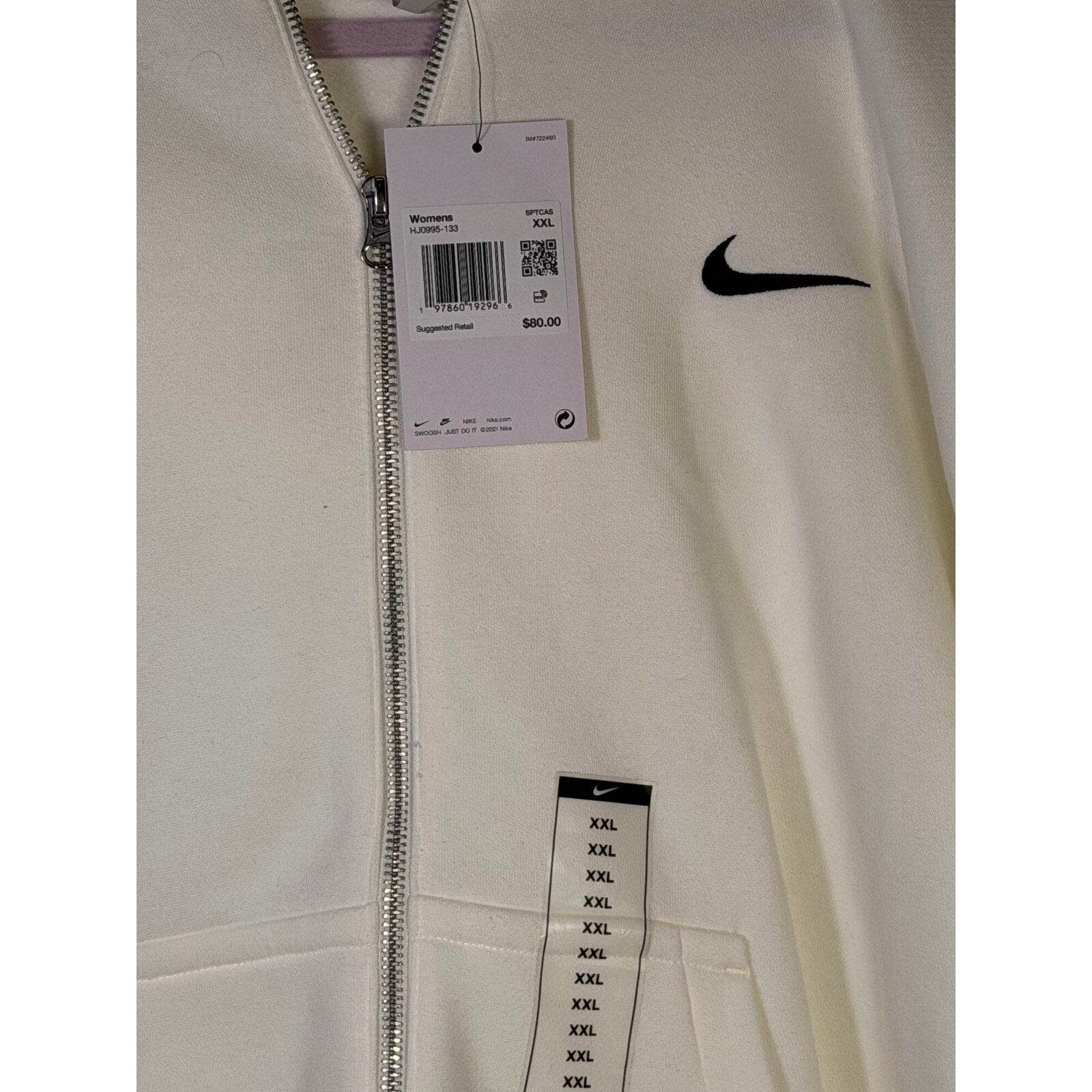 Nike Sportswear women's full-zip hoodie in cream ivory with Nike swoosh logo, size XXL, front view showing zip and hood.