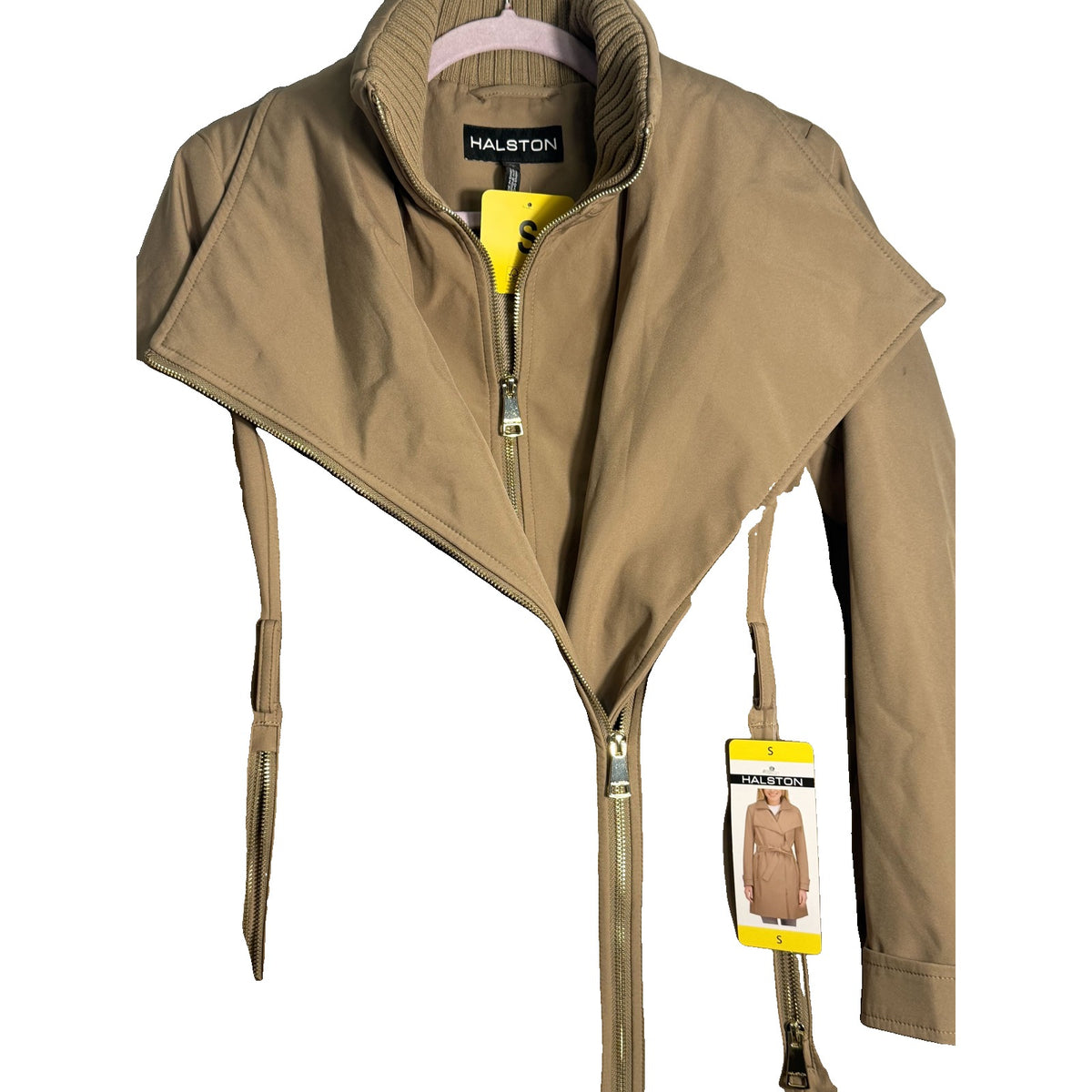 Halston women's camel soft shell coat with asymmetric zip and knit collar bib, small size, front view showing stylish design