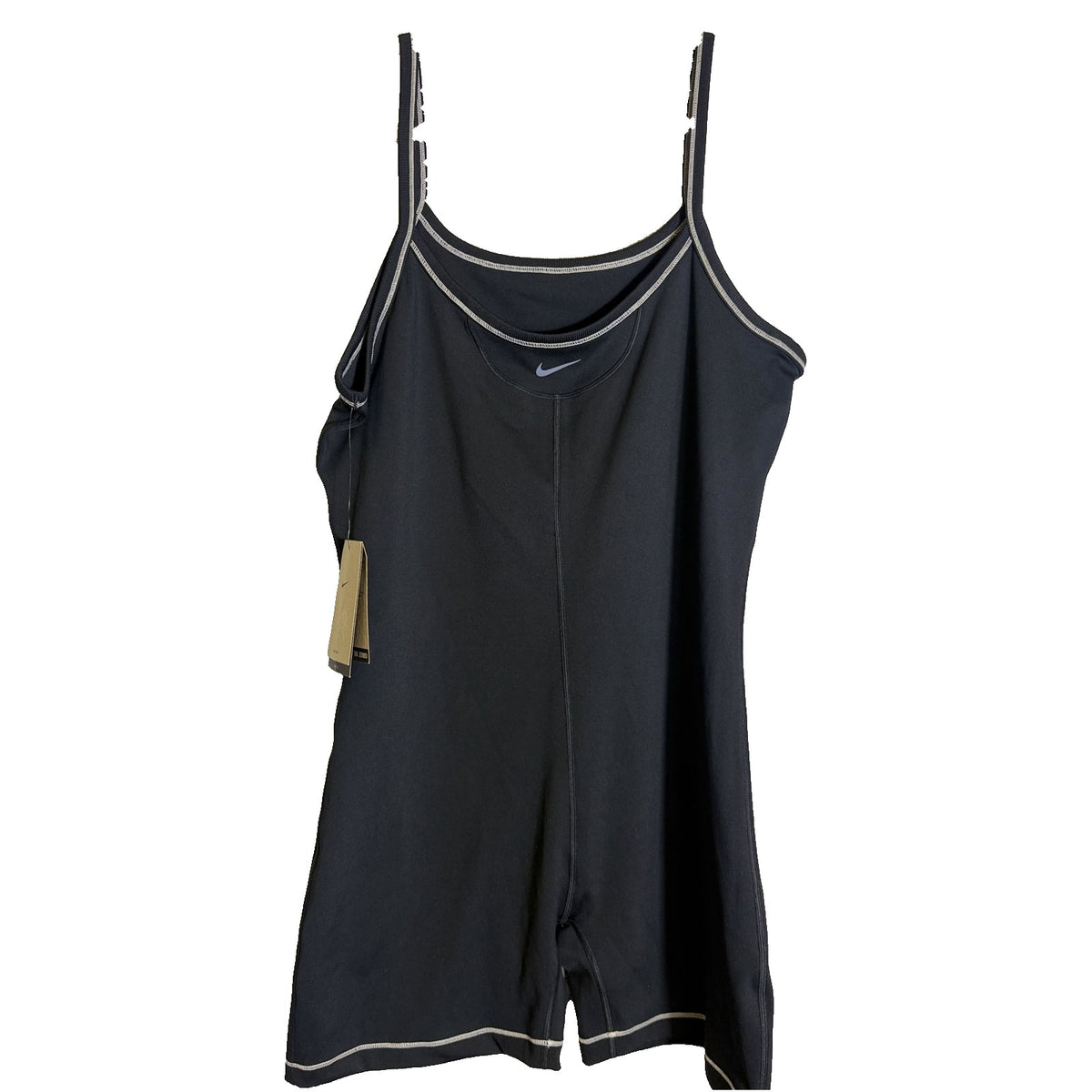 Nike One women's Dri-FIT short bodysuit jumpsuit in black, size XL, with fitted design and sleek fabric.