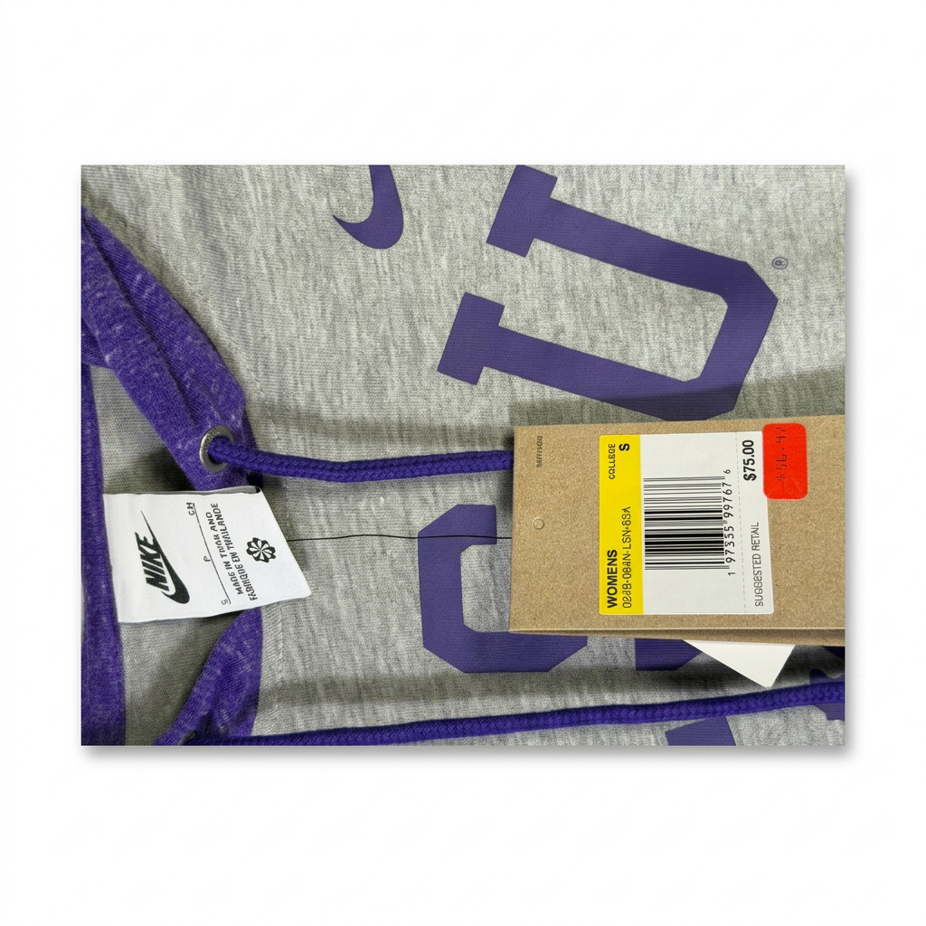 Nike LSU Tigers grey and purple collegiate logo hoodie, men's size S, casual athletic clothing with team branding.