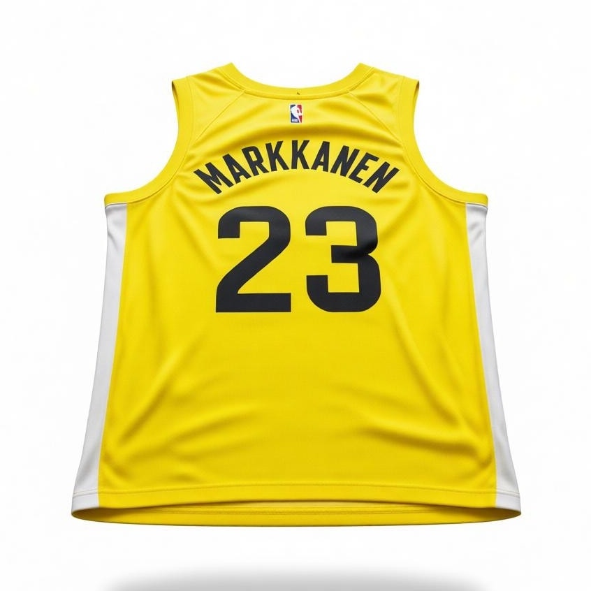 Yellow Nike Utah Jazz Lauri Markkanen swingman jersey, large size, featuring team logo and player name on front.