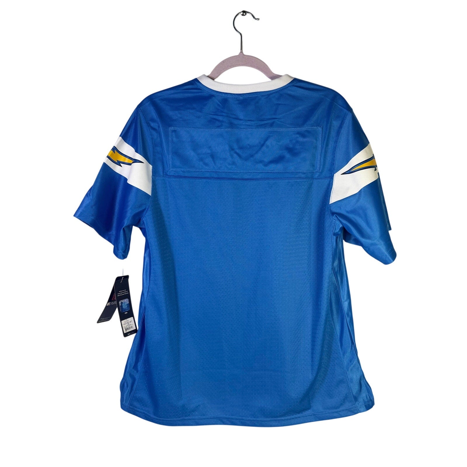 NFL Players women's Los Angeles Chargers blue football jersey, size L, new with tags, featuring team logo and player details.