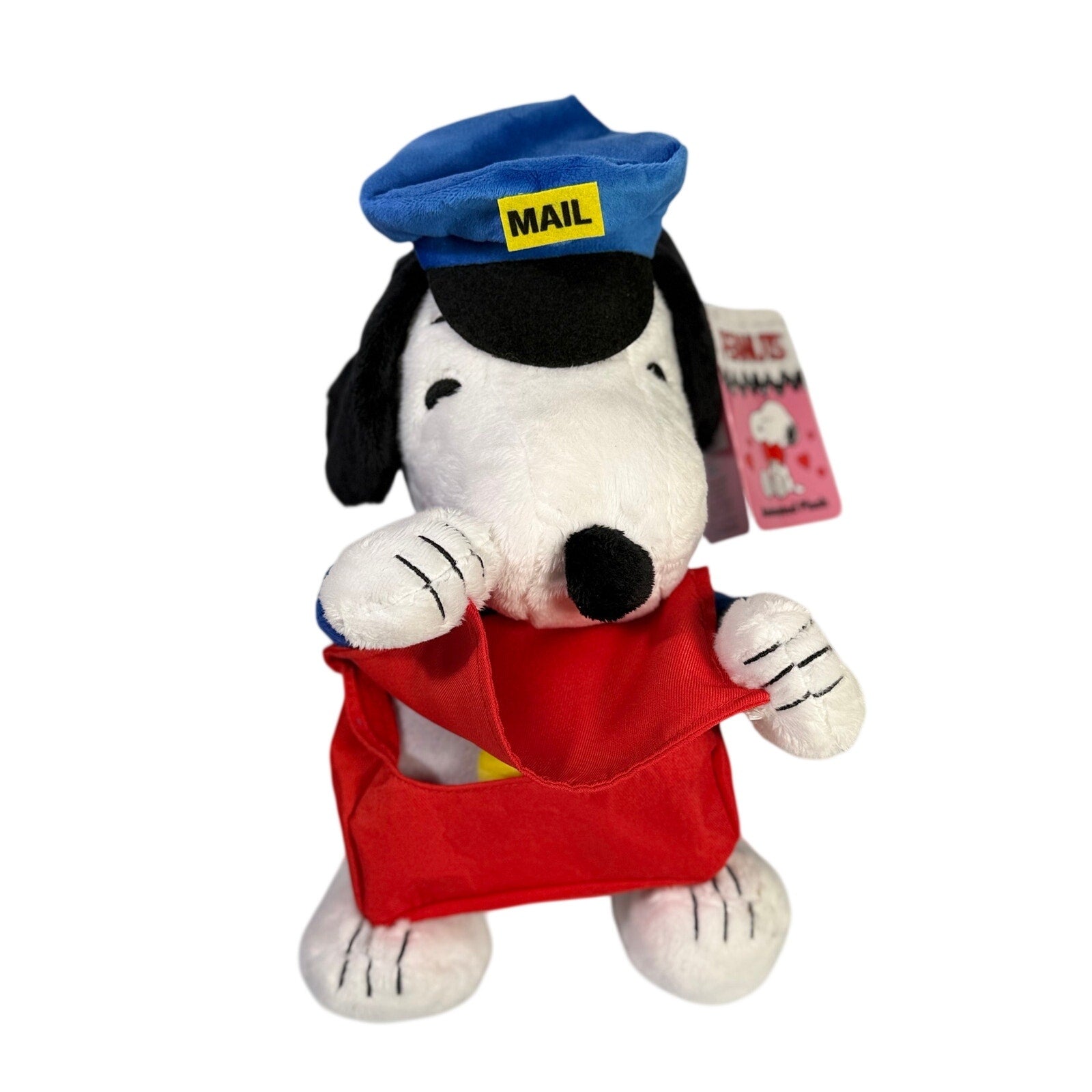 Peanuts Snoopy plush mail carrier toy, animated stuffed animal for Valentine's Day, soft and detailed toy from Peanuts brand.