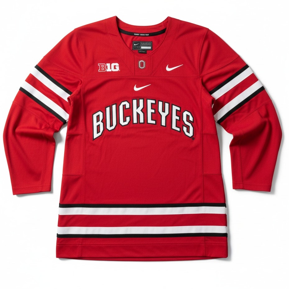 Red Nike Ohio State Buckeyes hockey sweatshirt with long sleeves, featuring team logo and athletic fit.