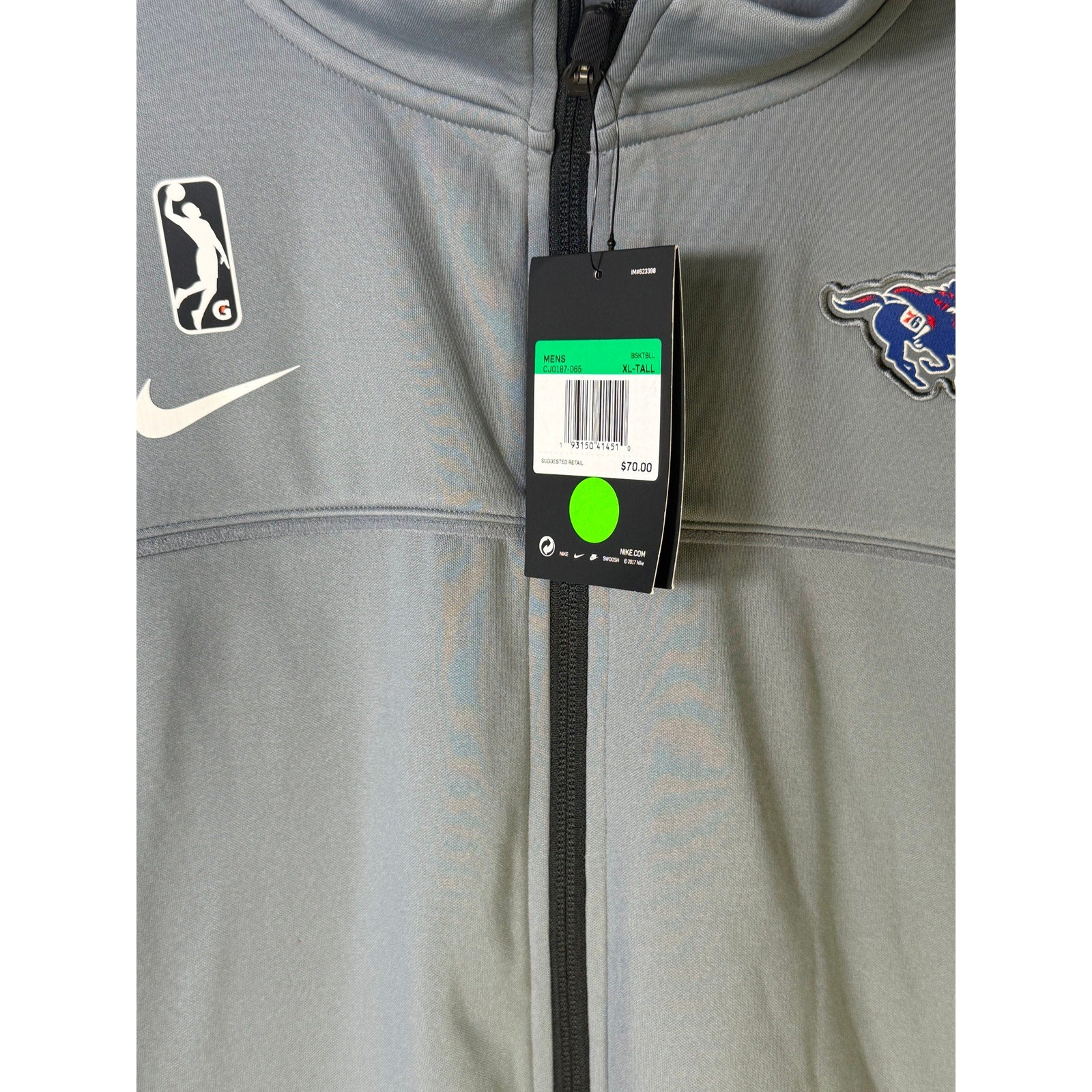 Nike G League team-issued full zip performance jacket in gray, XL tall size, featuring Nike branding and athletic design.