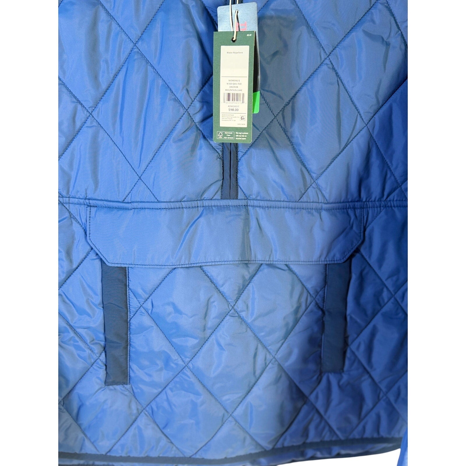 DSG Women's water repellent quilted anorak jacket in Mountain Lake Blue, small size, new with tags, outdoors and casual wear.