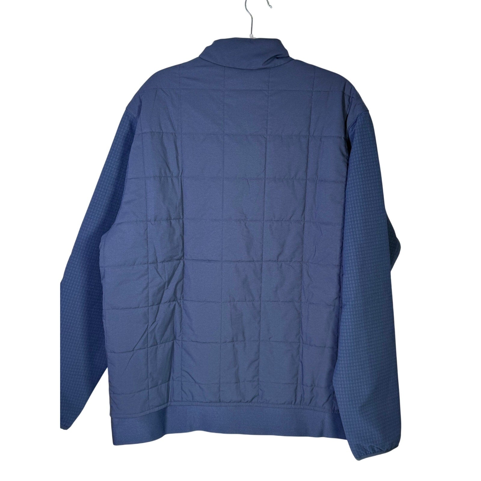 Adidas Ultimate365 quilted DWR men's golf jacket in navy blue, size L, with a quilted design and lightweight waterproof material.
