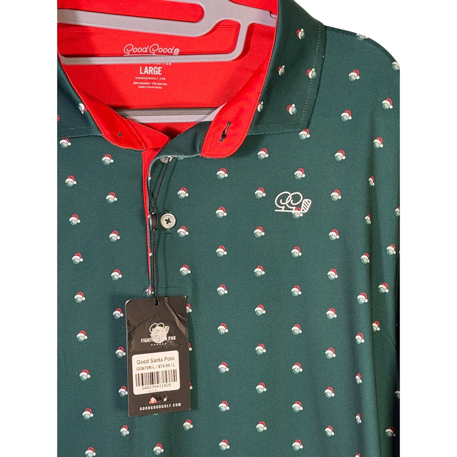 Good Good men's Santa holiday golf polo in green, size large, featuring festive design and classic polo style.