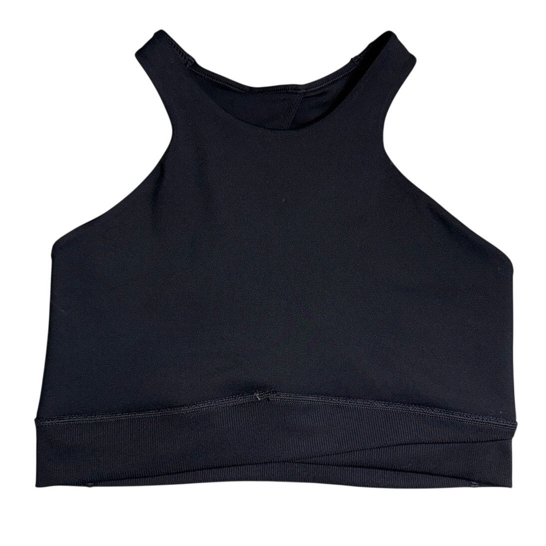 Nike women's black high-neck racerback sports bra with tags, size large, showing the front design and supportive fit.