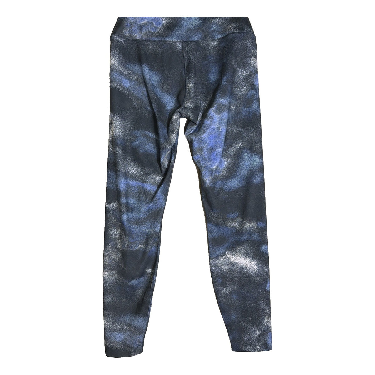 Nike women’s navy blue high-waisted 7/8 printed leggings, size M, with Nike logo and elastic waistband, shown on a model.