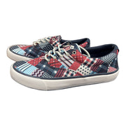 Sperry men's patchwork canvas sneakers in USA Blue Multi with lace-up closure, size 9, new in box, front view.