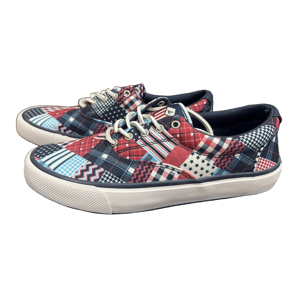 Sperry men's patchwork canvas sneakers in USA Blue Multi with lace-up closure, size 9, new in box, front view.