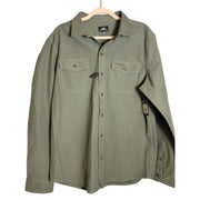 Men's O'Neill Unified Overshirt in olive, casual stretch button-up shirt jacket, size M, front view with collar and button details.