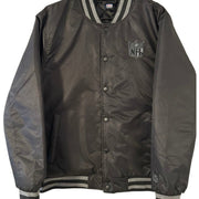 NFL men's varsity bomber jacket in black and gray with a snap front, size large, featuring team logo and athletic style.