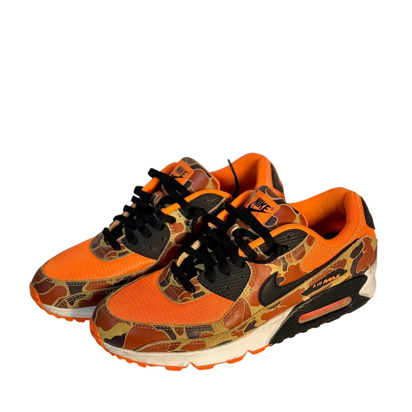 Nike Air Max 90 orange camouflage men's sneakers in black with visible Nike branding and white midsole, size 11.