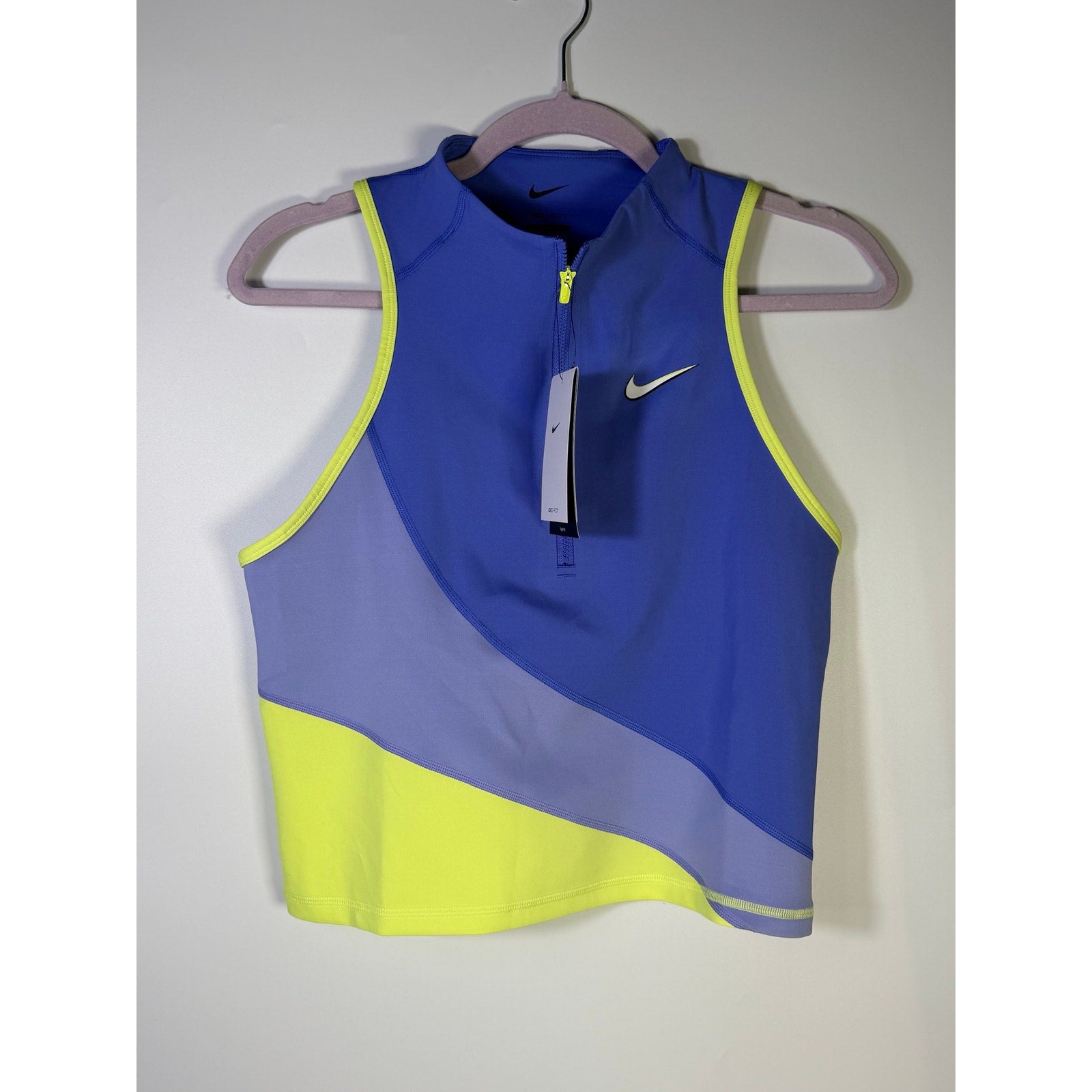 Nike women's blue and yellow cropped tank top with quarter-zip detail, size L, new with tags.
