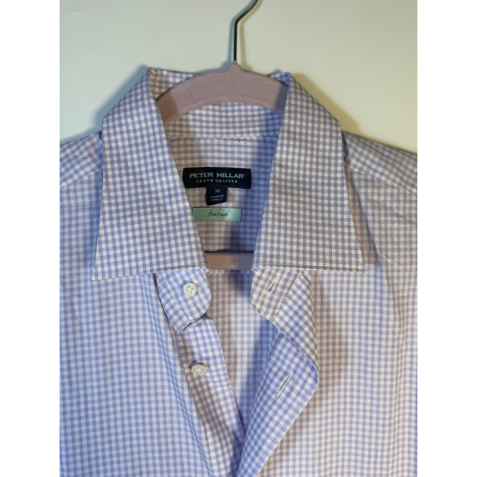 Peter Millar Crown Crafted flex finish purple check men's dress shirt, shown with collar and button details.
