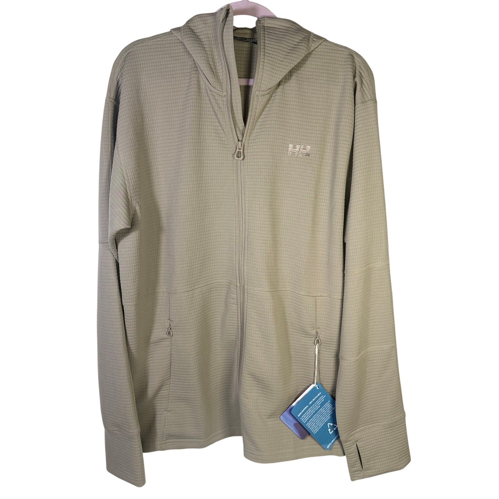 Helly Hansen Men’s Evolved Air Hooded Midlayer Jacket in terrazzo color, size XL, showing front view with hood and zipper.