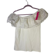 White Lilly Pulitzer Tracee off-shoulder eyelet top for women, small size, featuring ruffled neckline and intricate eyelet details.