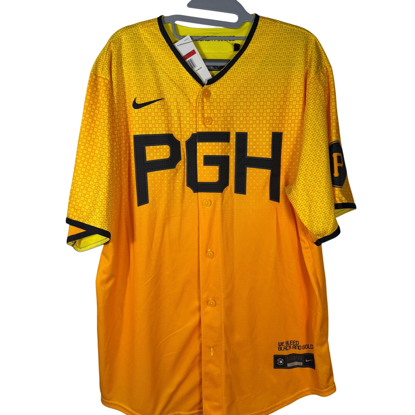 Nike Pittsburgh Pirates Ke'Bryan Hayes #13 City Connect jersey, men's size large, featuring team logo and vibrant design.