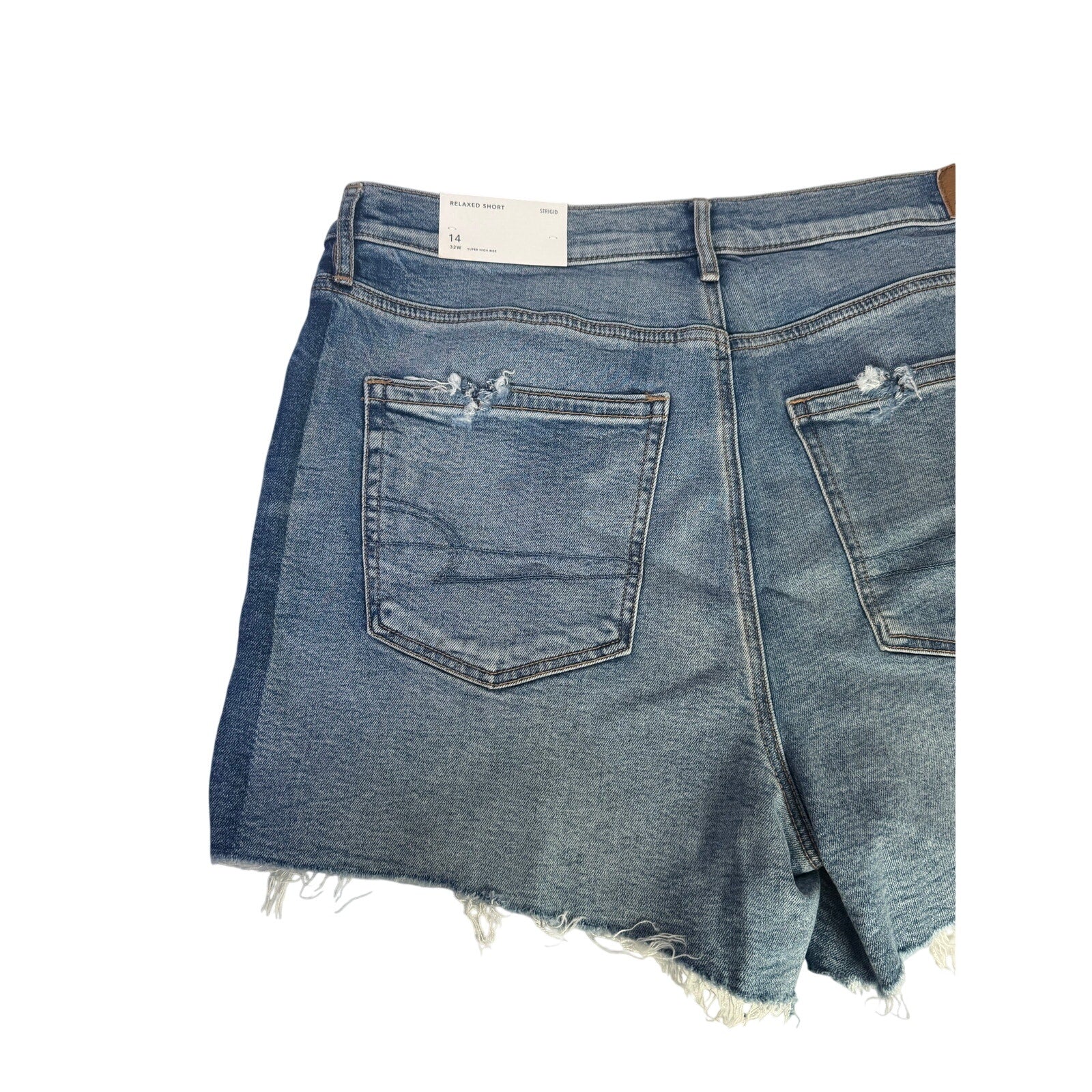 American Eagle Strigid relaxed high-rise distressed denim shorts for women, size 14, with frayed edges and casual fit.